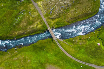 High angle view of stream flowing through moss