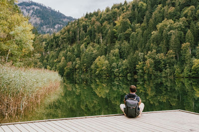 Rear view of man sitting on pier by lake against trees in forest