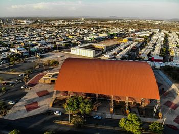 High angle view of buildings against sky