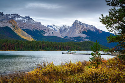 Scenic view of lake and mountains against sky