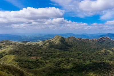 Scenic view of sea and mountains against blue sky