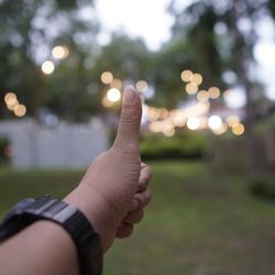 Cropped hand gesturing thumbs up against illuminated park