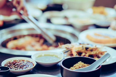 Close-up of food served on table