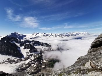 Scenic view of snow covered mountains against sky