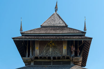 Low angle view of temple building against clear blue sky