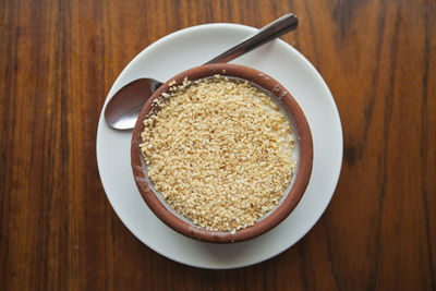 High angle view of breakfast served on table