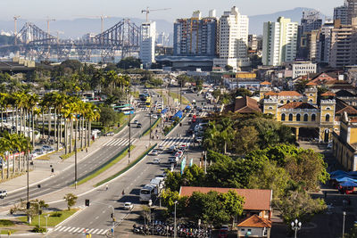 High angle view of city street and buildings