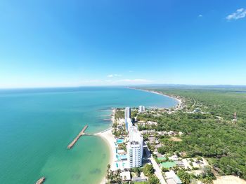 High angle view of sea against blue sky