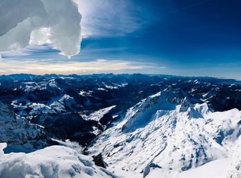 Aerial view of snowcapped mountains against sky