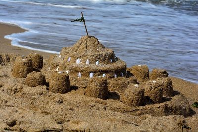 High angle view of cross on beach