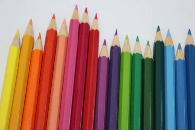 Close-up of colored pencils against white background