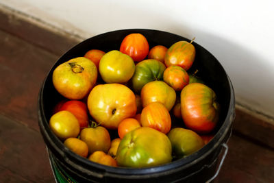 High angle view of tomatoes in bowl on table