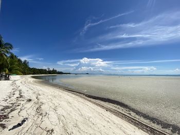 Scenic view of beach against blue sky