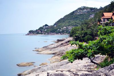 Scenic view of bay against sky