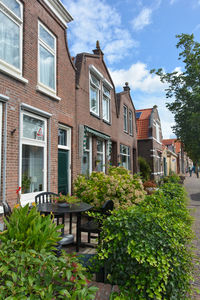 Typical house facade, plants and seating in the old town zierikzee on zeeland, netherlands