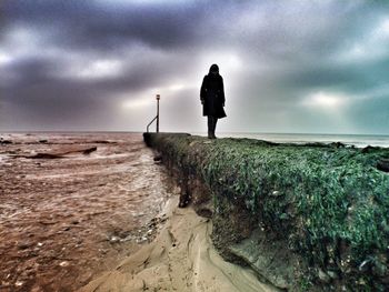 Rear view of man standing on beach against cloudy sky