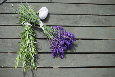 High angle view of purple flowering plants on table