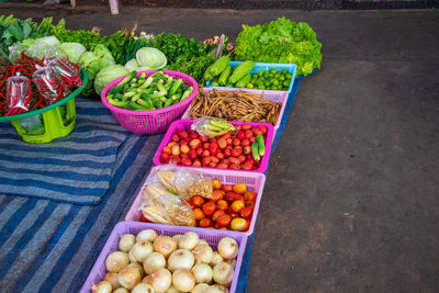 High angle view of fruits for sale in market to prakonchai