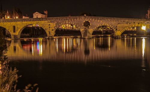 Reflection of illuminated bridge in water at night