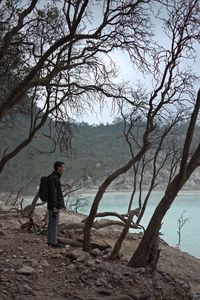 Full length of man standing by tree trunk