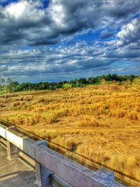 Scenic view of grassy field against cloudy sky