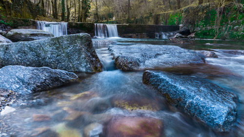 Scenic view of waterfall in forest against sky