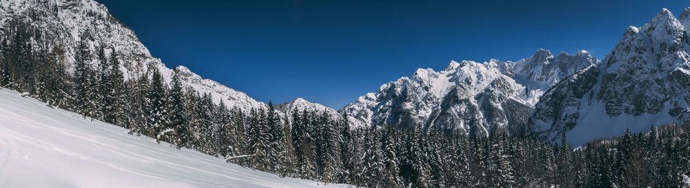 Panoramic view of snowcapped mountains against clear blue sky