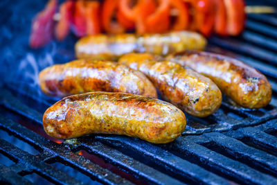 Close-up of meat on barbecue grill