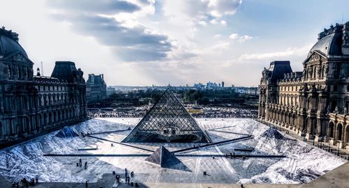 High angle view of buildings in city during winter