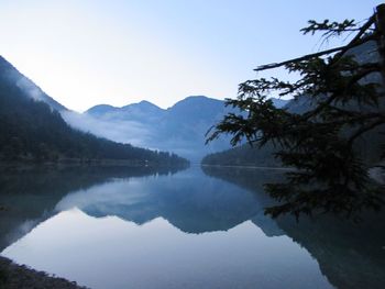 Scenic view of lake and mountains against clear sky