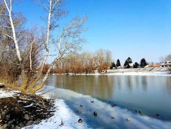 Scenic view of frozen river against clear sky