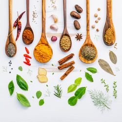 High angle view of various spices on white background