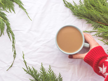 High angle view of woman holding tea cup