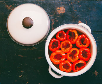 High angle view of fruits in bowl on table