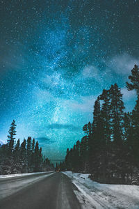 Road amidst trees against sky at night during winter