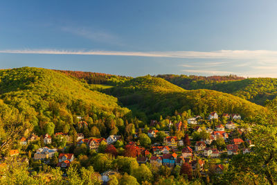 View to green hills with colorful houses, wernigerode, harz, germany