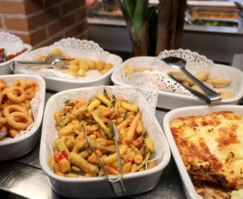 High angle view of food served on table