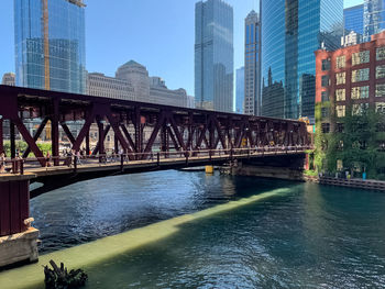 Bridge over river by buildings against sky in city