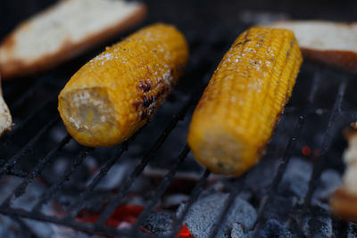 Corn cobs put on the barbecue with bread on a summer holiday