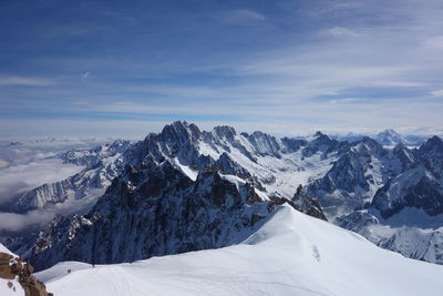 Scenic view of snow covered mountains against sky