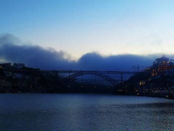 Bridge over river by buildings against sky at sunset