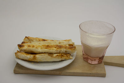 Close-up of breakfast on table against white background