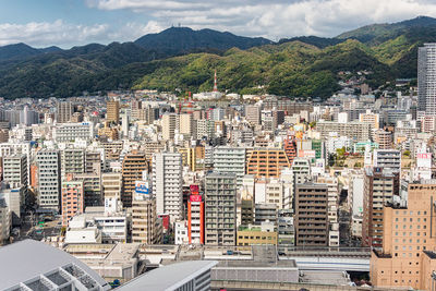 High angle view of buildings in city