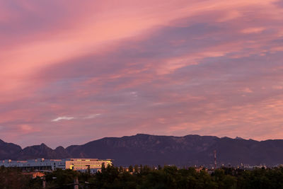 Scenic view of town against sky at sunset