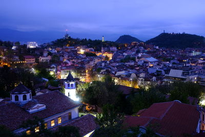 High angle view of townscape against sky at night