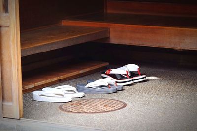 High angle view of shoes on table at home