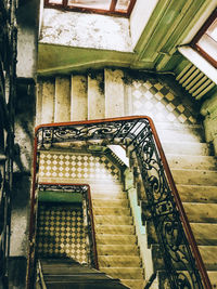 High angle view of spiral staircase in old building