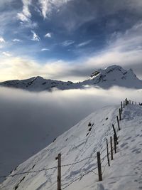 Scenic view of snow covered mountains against sky