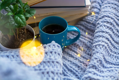 Close-up of coffee cup on table