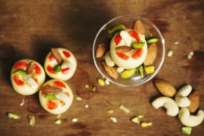 High angle view of fruits in bowl on table